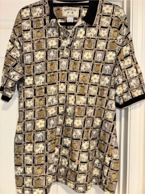 BAMBOO Cay Men’s Black & Cream Patterned Polo Shirt L